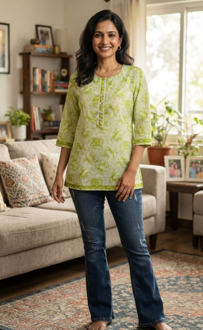Green Garden Jaipuri Cotton Short Kurti. Pure Versatile Cotton. | Laces and Frills