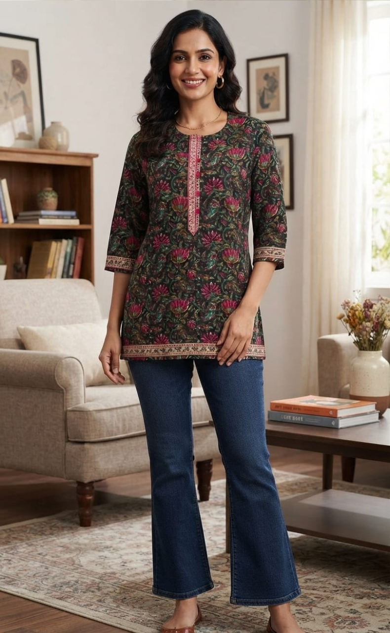 Dark Grey/Pink Jaipuri Cotton Short Kurti. Pure Versatile Cotton. | Laces and Frills