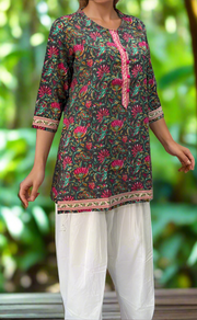 Dark Grey/Pink Jaipuri Cotton Short Kurti. Pure Versatile Cotton. | Laces and Frills