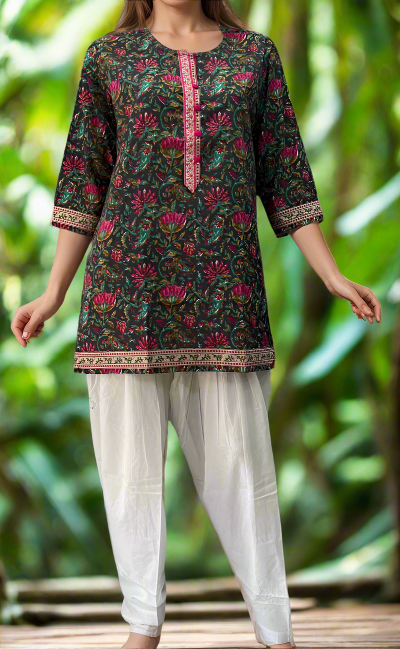 Dark Grey/Pink Jaipuri Cotton Short Kurti. Pure Versatile Cotton. | Laces and Frills