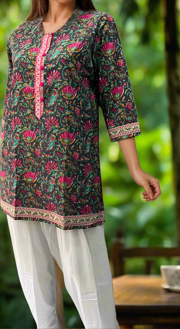 Dark Grey/Pink Jaipuri Cotton Short Kurti. Pure Versatile Cotton. | Laces and Frills