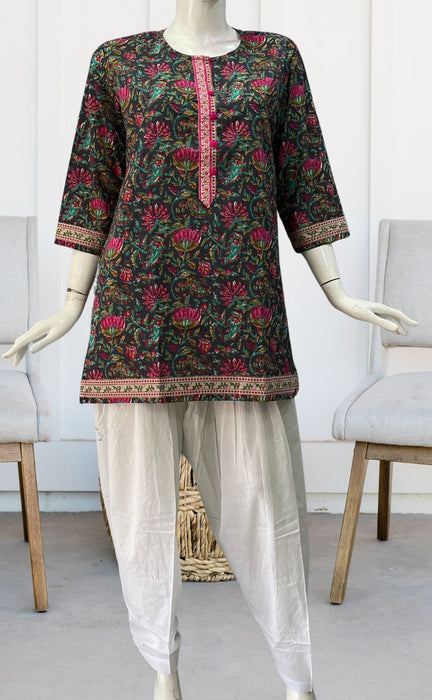 Dark Grey/Pink Jaipuri Cotton Short Kurti. Pure Versatile Cotton. | Laces and Frills - Laces and Frills