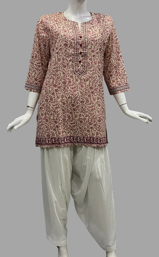 Off White/Maroon Garden Jaipuri Cotton Short Kurti. Pure Versatile Cotton. | Laces and Frills - Laces and Frills