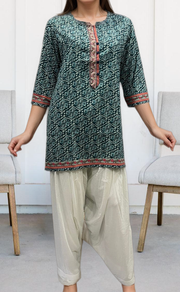 Indigo Blue Flora Jaipuri Cotton Short Kurti. Pure Versatile Cotton. | Laces and Frills - Laces and Frills