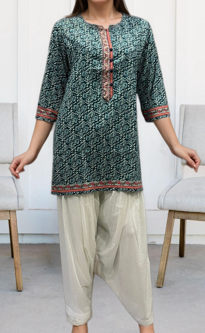 Indigo Blue Flora Jaipuri Cotton Short Kurti. Pure Versatile Cotton. | Laces and Frills - Laces and Frills