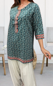 Indigo Blue Flora Jaipuri Cotton Short Kurti. Pure Versatile Cotton. | Laces and Frills - Laces and Frills