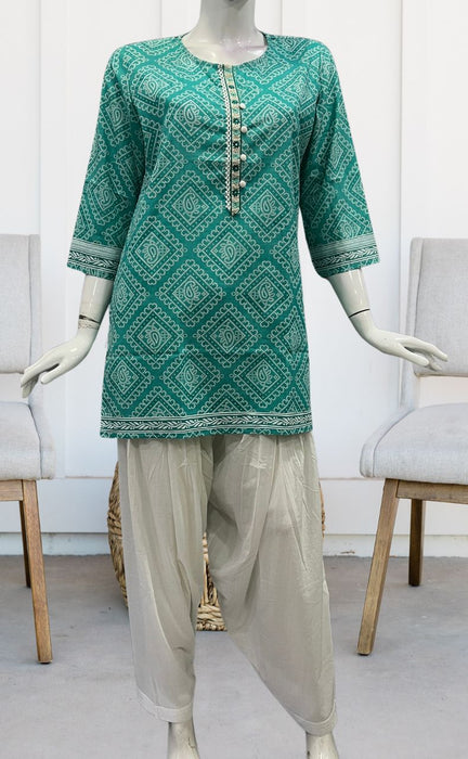 Sea Green Bandini Jaipuri Cotton Short Kurti. Pure Versatile Cotton. | Laces and Frills - Laces and Frills
