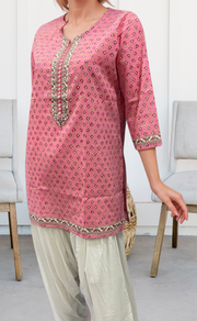 Pink Tiny Flora Jaipuri Cotton Short Kurti. Pure Versatile Cotton. | Laces and Frills - Laces and Frills