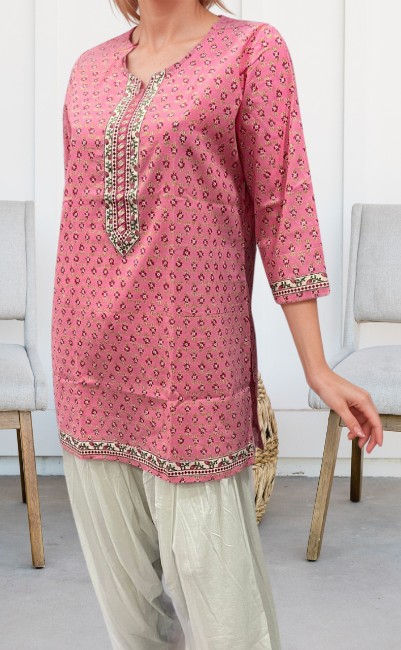 Pink Tiny Flora Jaipuri Cotton Short Kurti. Pure Versatile Cotton. | Laces and Frills - Laces and Frills