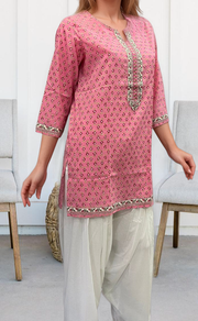 Pink Tiny Flora Jaipuri Cotton Short Kurti. Pure Versatile Cotton. | Laces and Frills - Laces and Frills