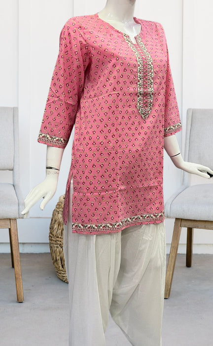 Pink Tiny Flora Jaipuri Cotton Short Kurti. Pure Versatile Cotton. | Laces and Frills - Laces and Frills