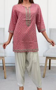 Pink Tiny Flora Jaipuri Cotton Short Kurti. Pure Versatile Cotton. | Laces and Frills - Laces and Frills