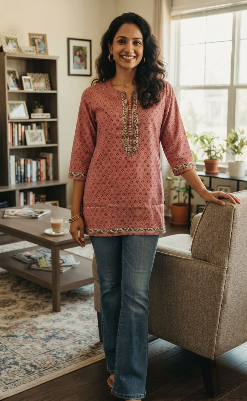 Pink Tiny Flora Jaipuri Cotton Short Kurti. Pure Versatile Cotton. | Laces and Frills