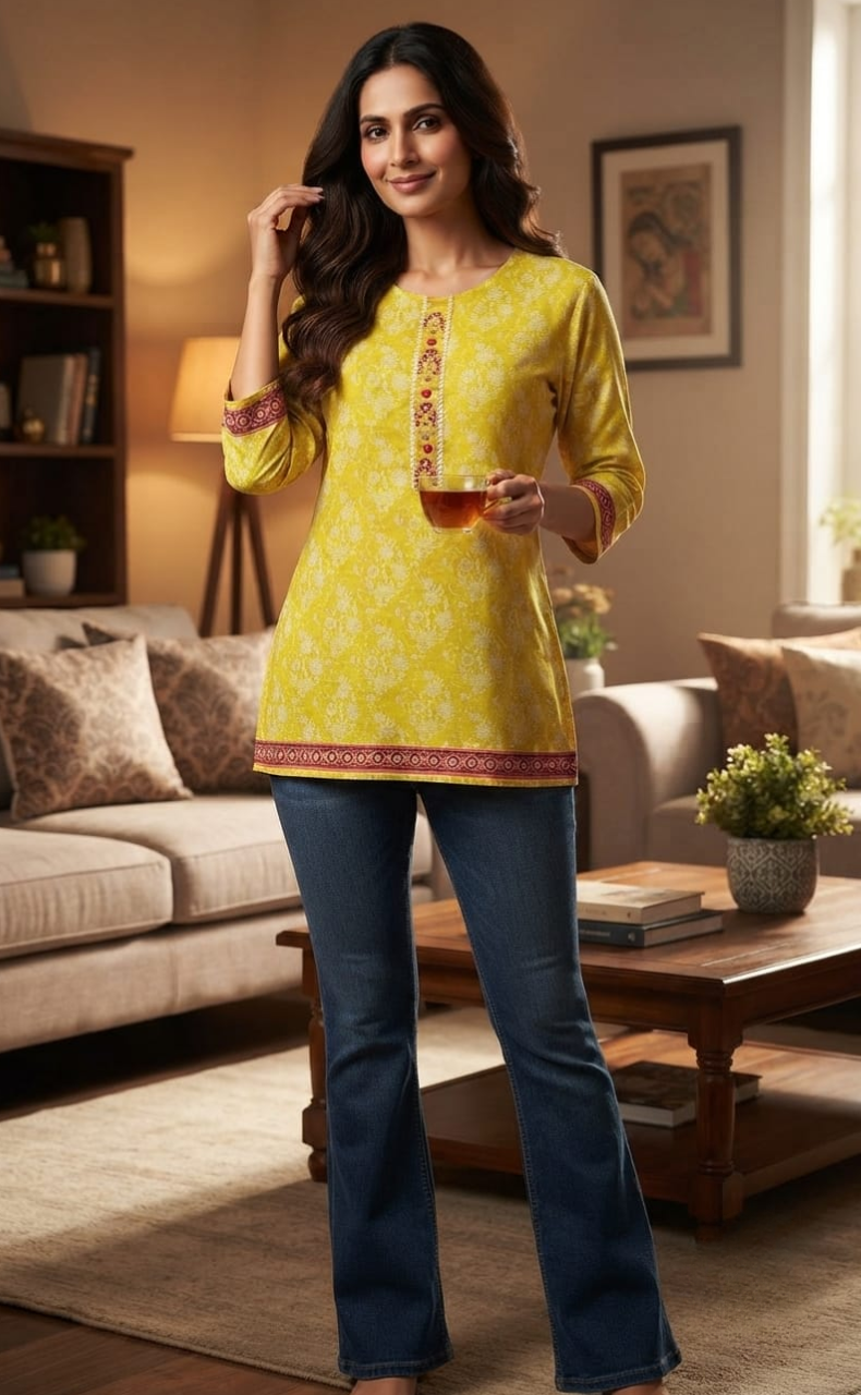 Yellow Garden Jaipuri Cotton Short Kurti. Pure Versatile Cotton. | Laces and Frills