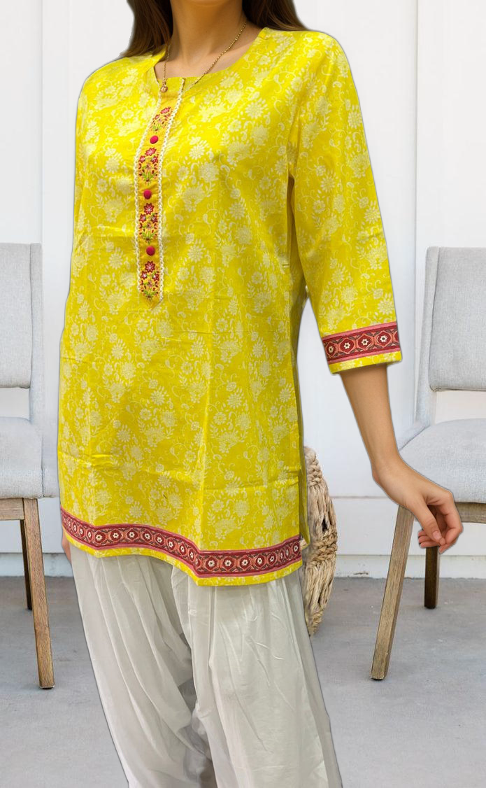 Yellow Garden Jaipuri Cotton Short Kurti. Pure Versatile Cotton. | Laces and Frills - Laces and Frills