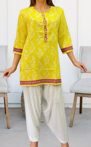 Yellow Garden Jaipuri Cotton Short Kurti. Pure Versatile Cotton. | Laces and Frills - Laces and Frills