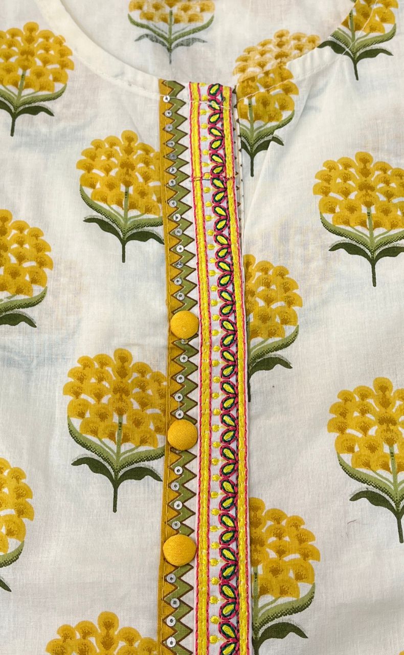 Off White/Yellow Garden Jaipuri Cotton Short Kurti. Pure Versatile Cotton. | Laces and Frills - Laces and Frills