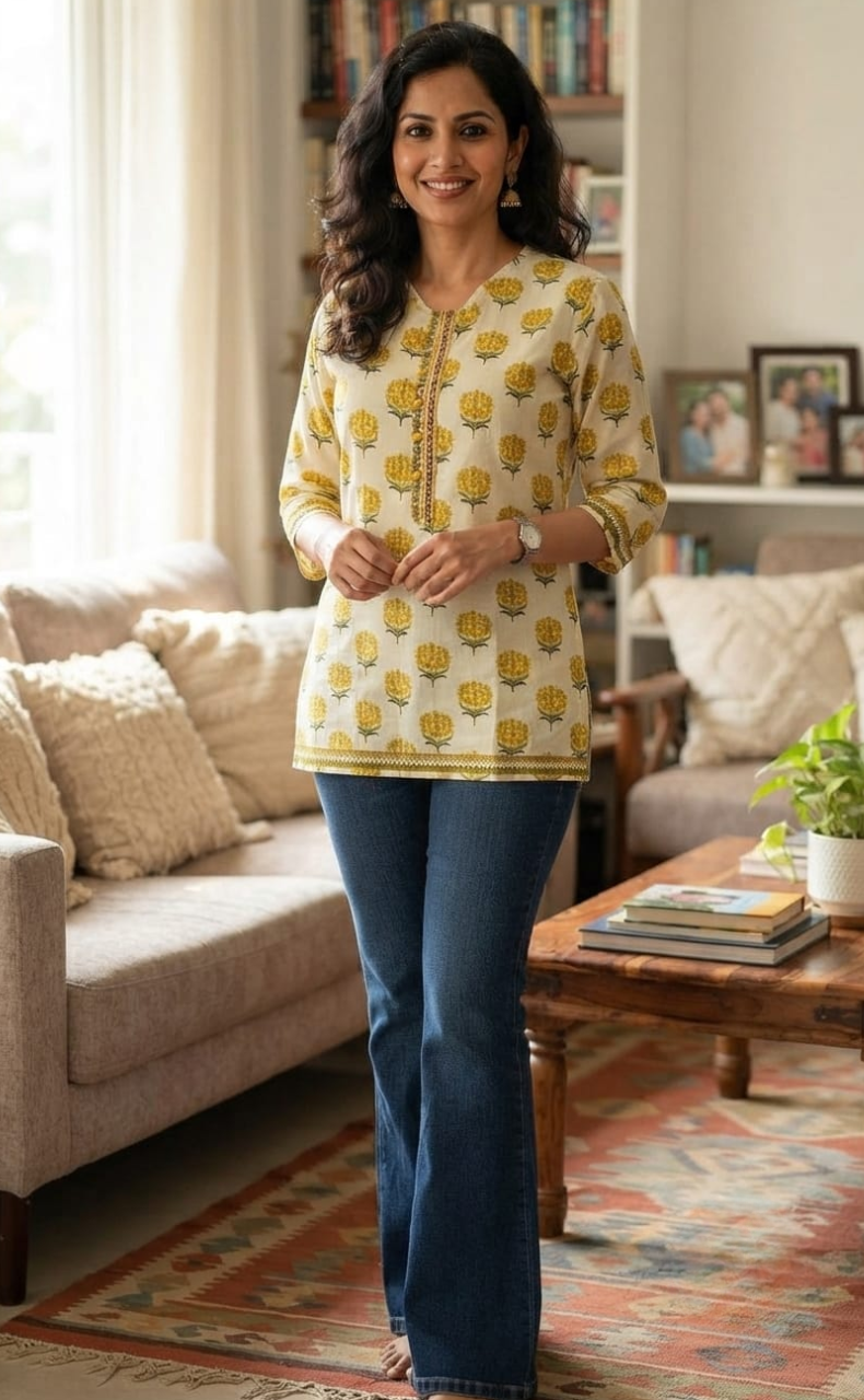 Off White/Yellow Garden Jaipuri Cotton Short Kurti. Pure Versatile Cotton. | Laces and Frills