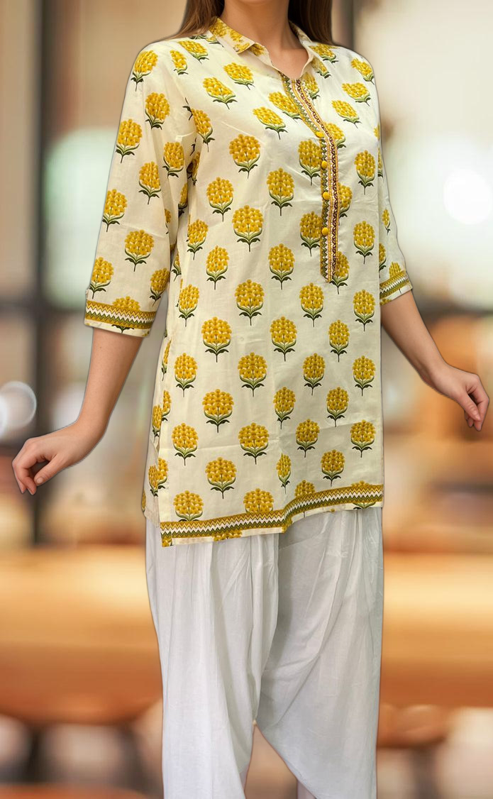Off White/Yellow Garden Jaipuri Cotton Short Kurti. Pure Versatile Cotton. | Laces and Frills - Laces and Frills