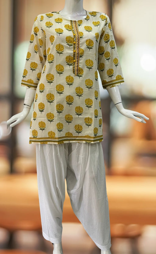 Off White/Yellow Garden Jaipuri Cotton Short Kurti. Pure Versatile Cotton. | Laces and Frills - Laces and Frills