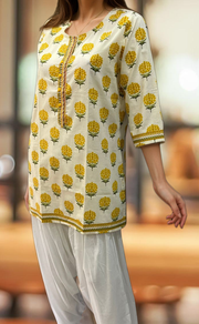 Off White/Yellow Garden Jaipuri Cotton Short Kurti. Pure Versatile Cotton. | Laces and Frills - Laces and Frills