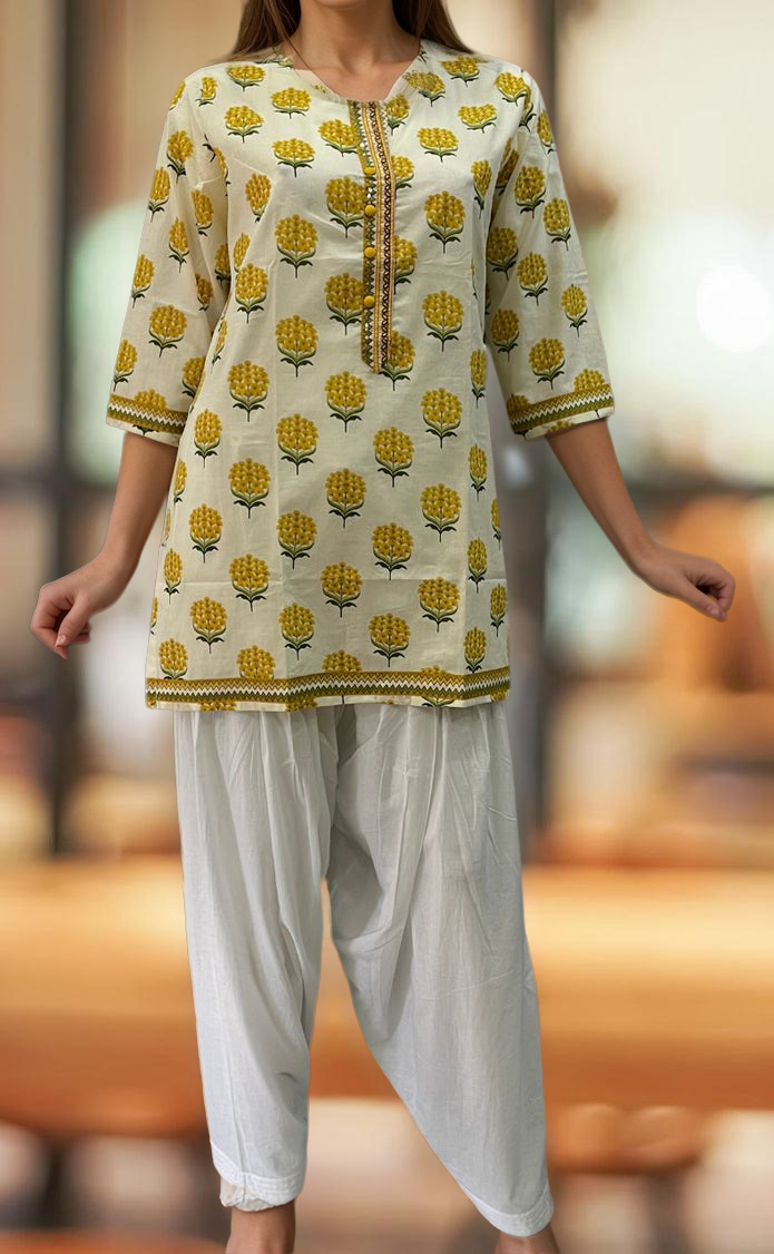 Off White/Yellow Garden Jaipuri Cotton Short Kurti. Pure Versatile Cotton. | Laces and Frills - Laces and Frills
