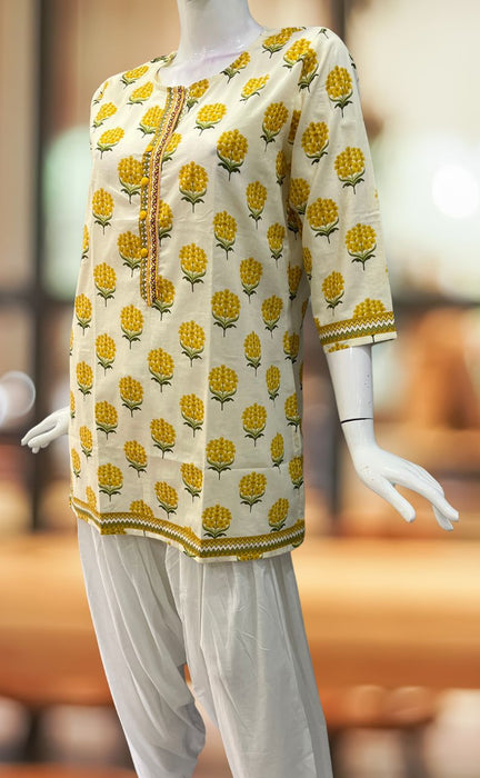 Off White/Yellow Garden Jaipuri Cotton Short Kurti. Pure Versatile Cotton. | Laces and Frills - Laces and Frills