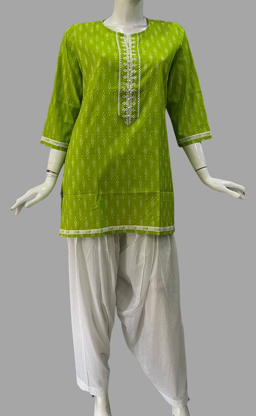 Green Ikkat Jaipuri Cotton Short Kurti. Pure Versatile Cotton. | Laces and Frills - Laces and Frills