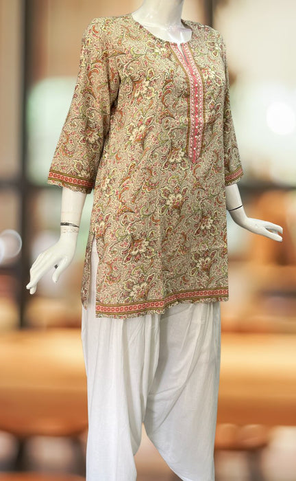 Grey/Pink Garden Jaipuri Cotton Short Kurti. Pure Versatile Cotton. | Laces and Frills - Laces and Frills