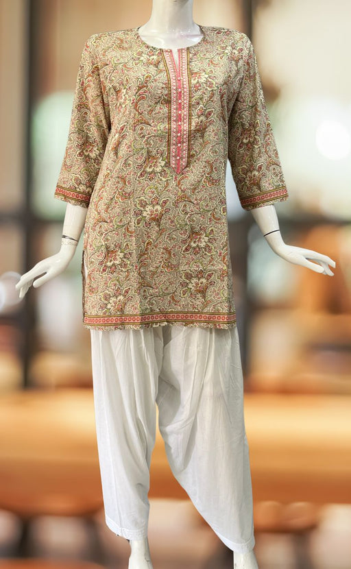 Grey/Pink Garden Jaipuri Cotton Short Kurti. Pure Versatile Cotton. | Laces and Frills - Laces and Frills