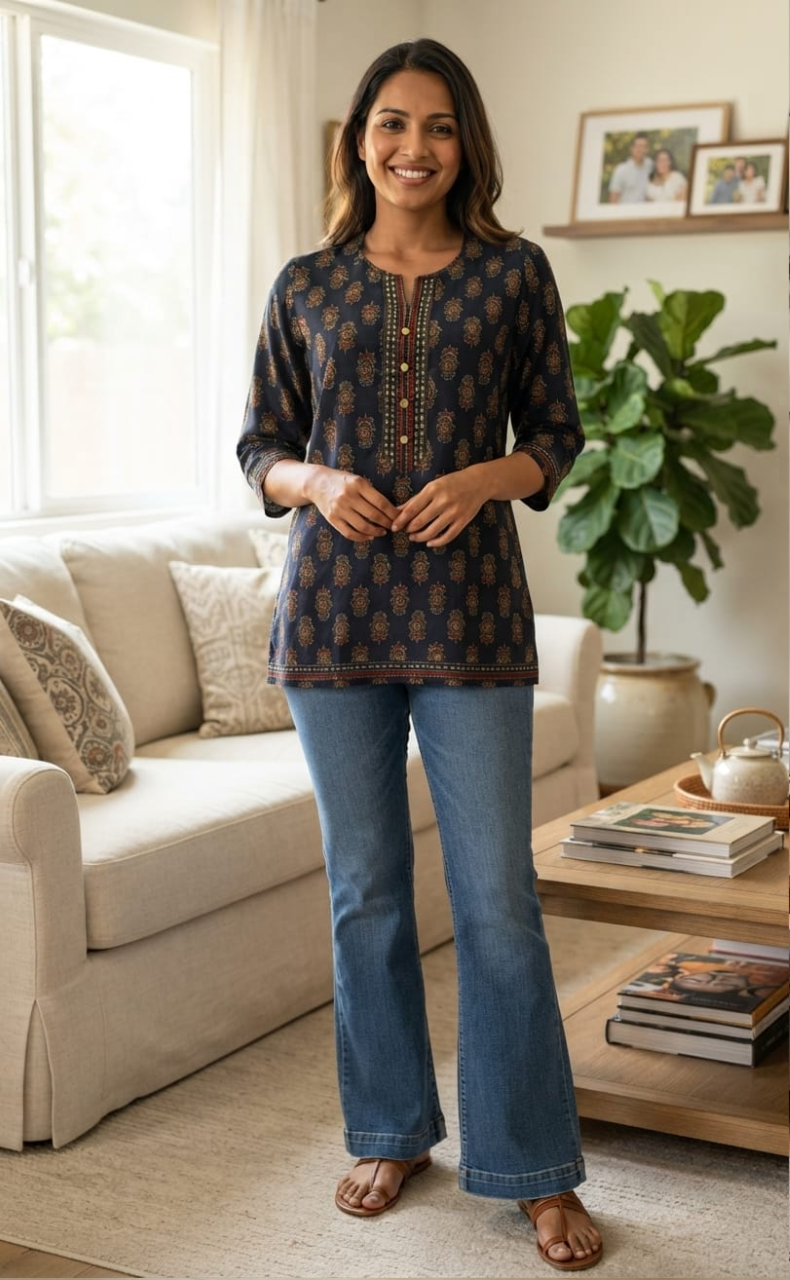 Navy Blue Garden Jaipuri Cotton Short Kurti. Pure Versatile Cotton. | Laces and Frills