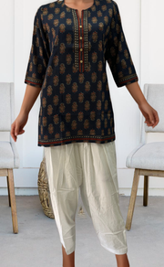 Navy Blue Garden Jaipuri Cotton Short Kurti. Pure Versatile Cotton. | Laces and Frills - Laces and Frills