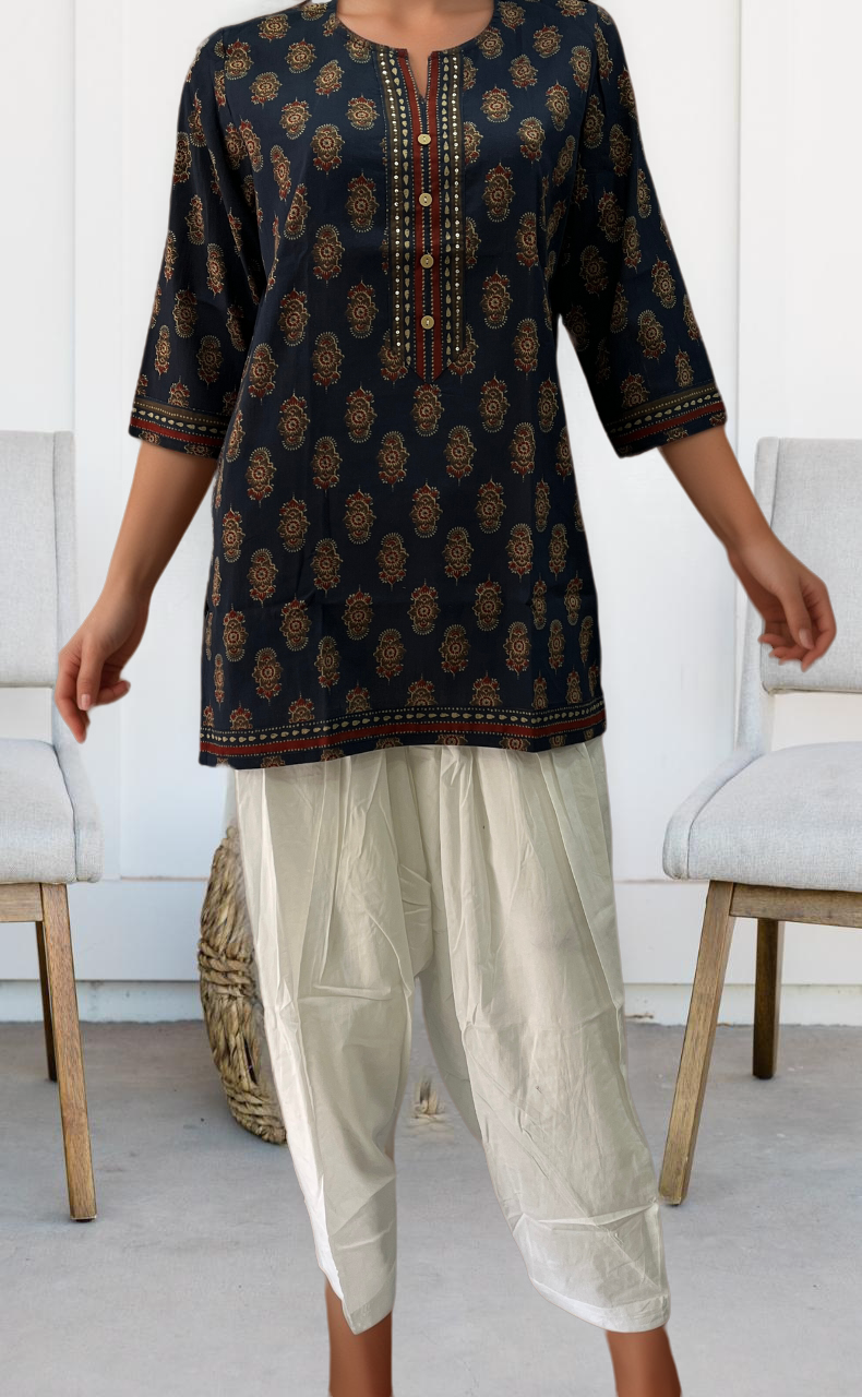 Navy Blue Garden Jaipuri Cotton Short Kurti. Pure Versatile Cotton. | Laces and Frills - Laces and Frills