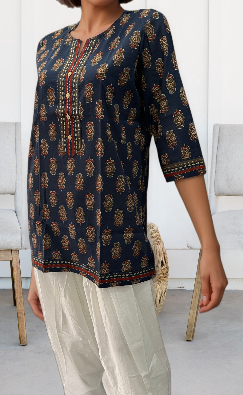 Navy Blue Garden Jaipuri Cotton Short Kurti. Pure Versatile Cotton. | Laces and Frills - Laces and Frills