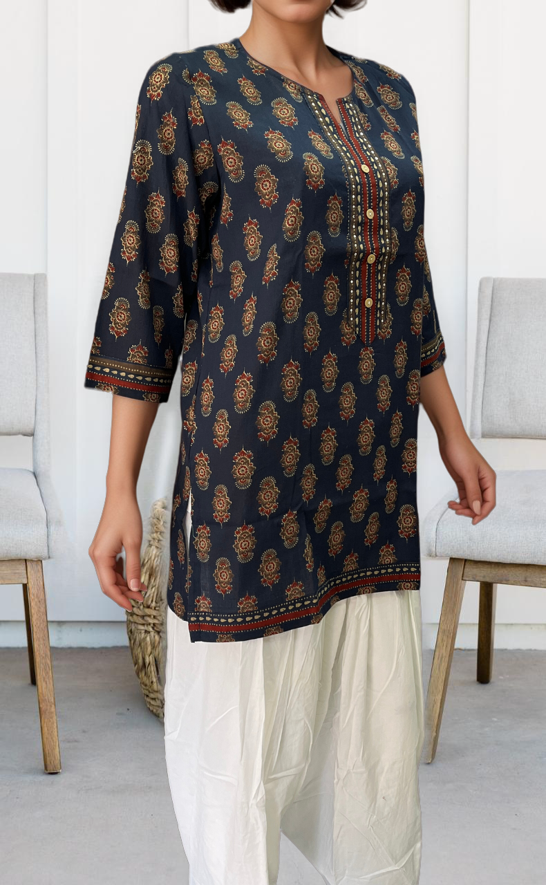 Navy Blue Garden Jaipuri Cotton Short Kurti. Pure Versatile Cotton. | Laces and Frills - Laces and Frills