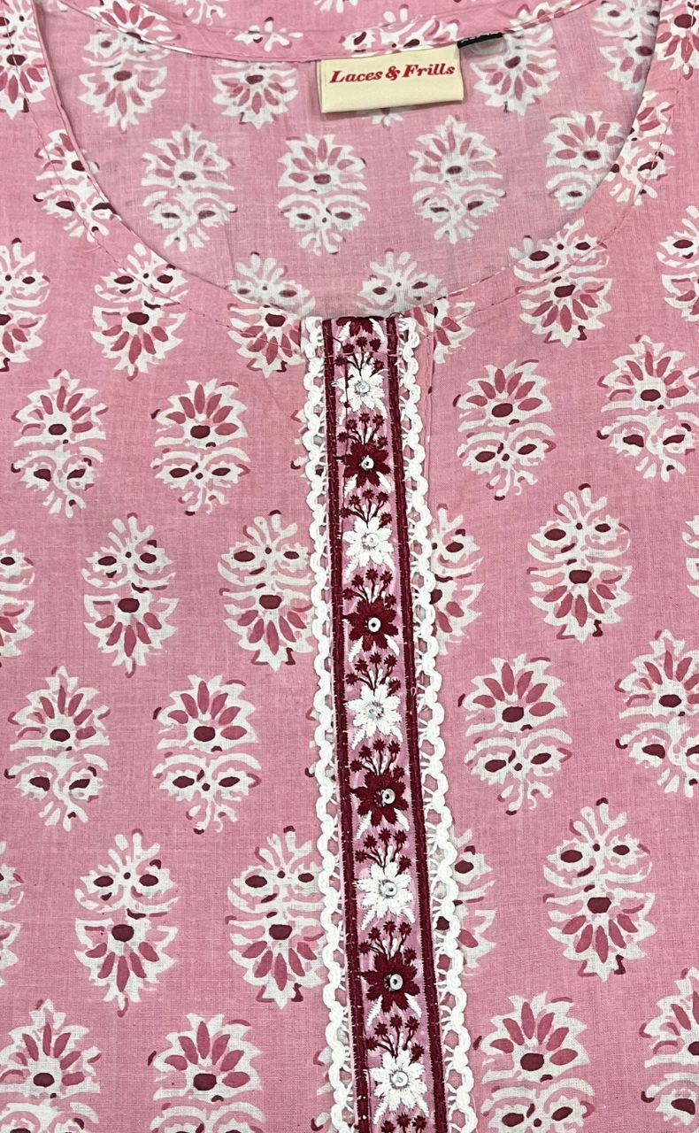 Pink Flora Jaipuri Cotton Short Kurti. Pure Versatile Cotton. | Laces and Frills - Laces and Frills