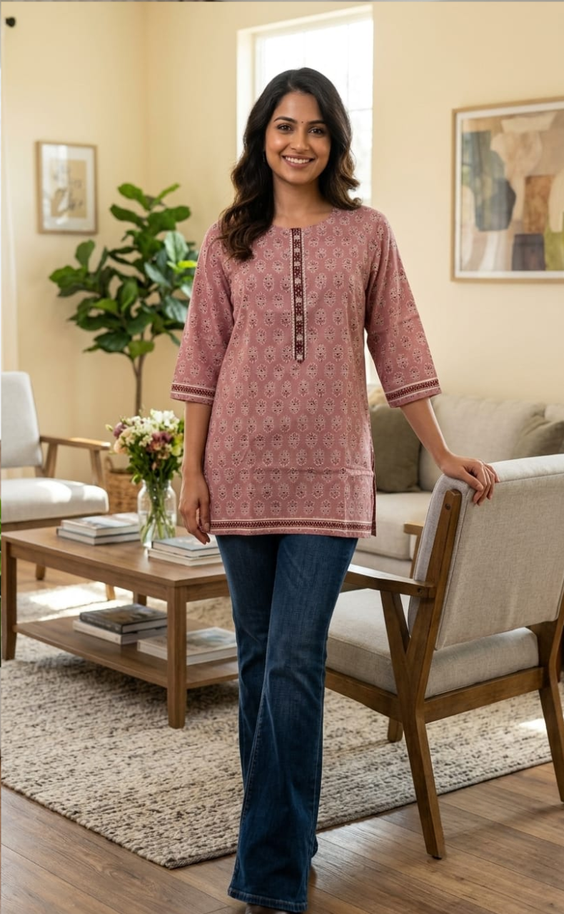 Pink Flora Jaipuri Cotton Short Kurti. Pure Versatile Cotton. | Laces and Frills