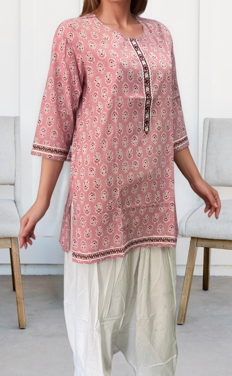 Pink Flora Jaipuri Cotton Short Kurti. Pure Versatile Cotton. | Laces and Frills - Laces and Frills