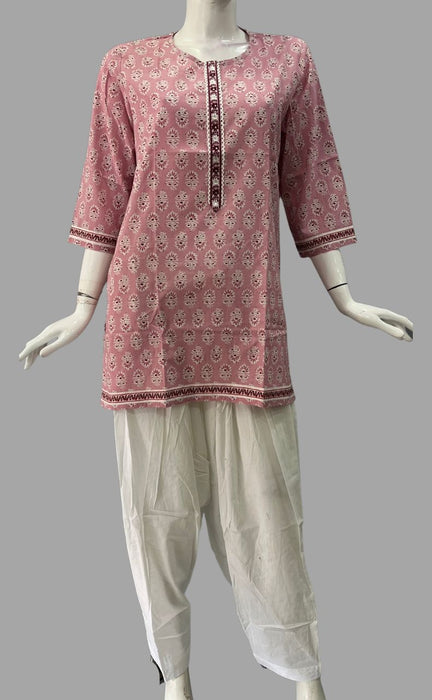 Pink Flora Jaipuri Cotton Short Kurti. Pure Versatile Cotton. | Laces and Frills - Laces and Frills