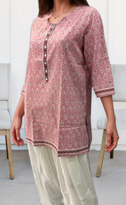 Pink Flora Jaipuri Cotton Short Kurti. Pure Versatile Cotton. | Laces and Frills - Laces and Frills