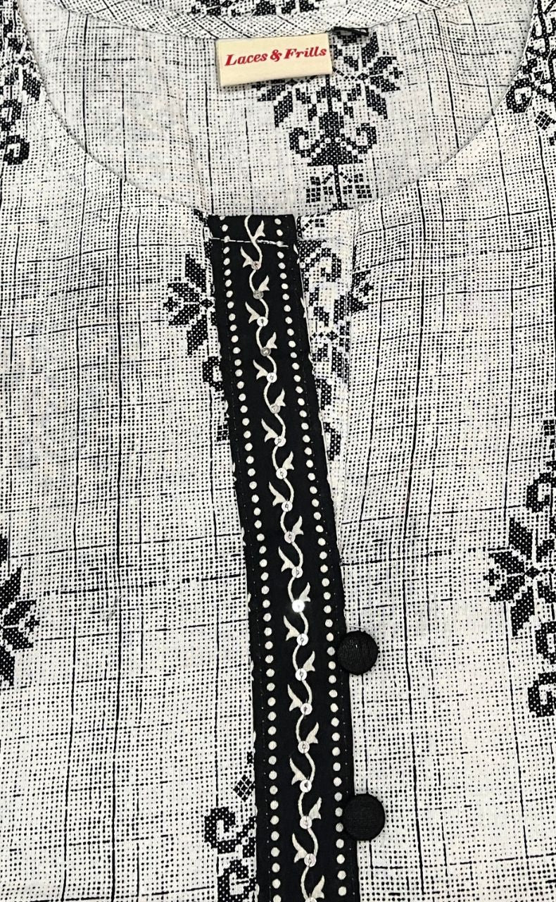 Grey/Black Flora Jaipuri Cotton Short Kurti. Pure Versatile Cotton. | Laces and Frills - Laces and Frills