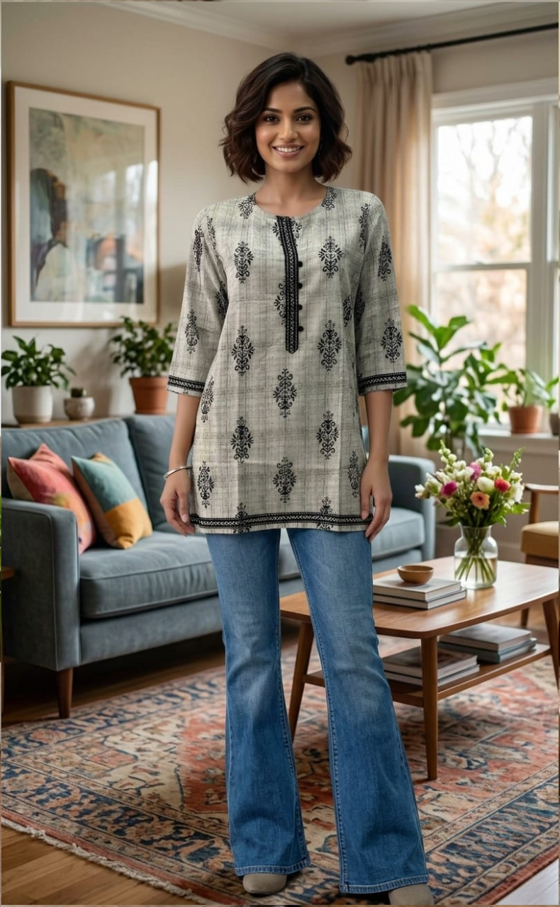 Grey/Black Flora Jaipuri Cotton Short Kurti. Pure Versatile Cotton. | Laces and Frills