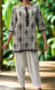 Grey/Black Flora Jaipuri Cotton Short Kurti. Pure Versatile Cotton. | Laces and Frills