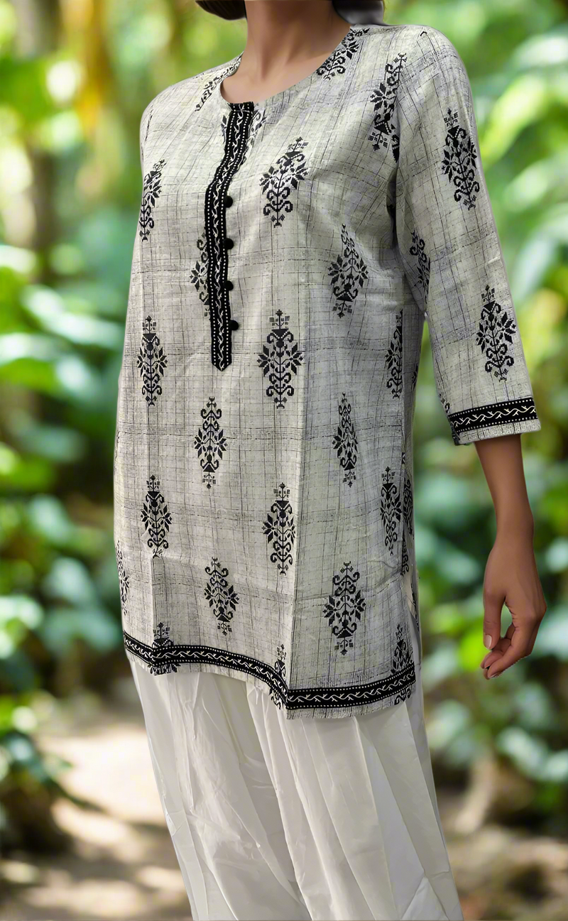 Grey/Black Flora Jaipuri Cotton Short Kurti. Pure Versatile Cotton. | Laces and Frills