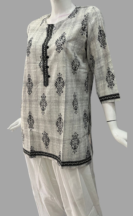 Grey/Black Flora Jaipuri Cotton Short Kurti. Pure Versatile Cotton. | Laces and Frills - Laces and Frills