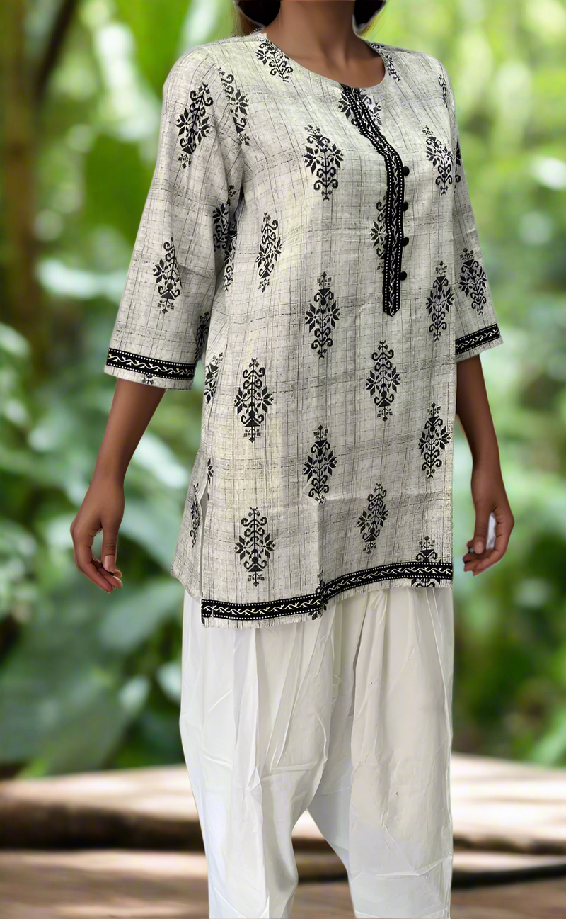 Grey/Black Flora Jaipuri Cotton Short Kurti. Pure Versatile Cotton. | Laces and Frills