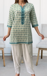 White/Sea Green Motif Jaipuri Cotton Short Kurti. Pure Versatile Cotton. | Laces and Frills - Laces and Frills