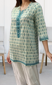 White/Sea Green Motif Jaipuri Cotton Short Kurti. Pure Versatile Cotton. | Laces and Frills - Laces and Frills