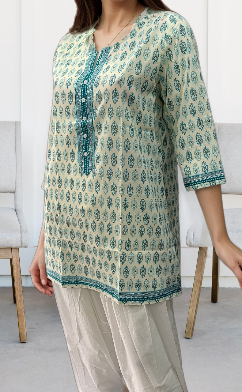 White/Sea Green Motif Jaipuri Cotton Short Kurti. Pure Versatile Cotton. | Laces and Frills - Laces and Frills