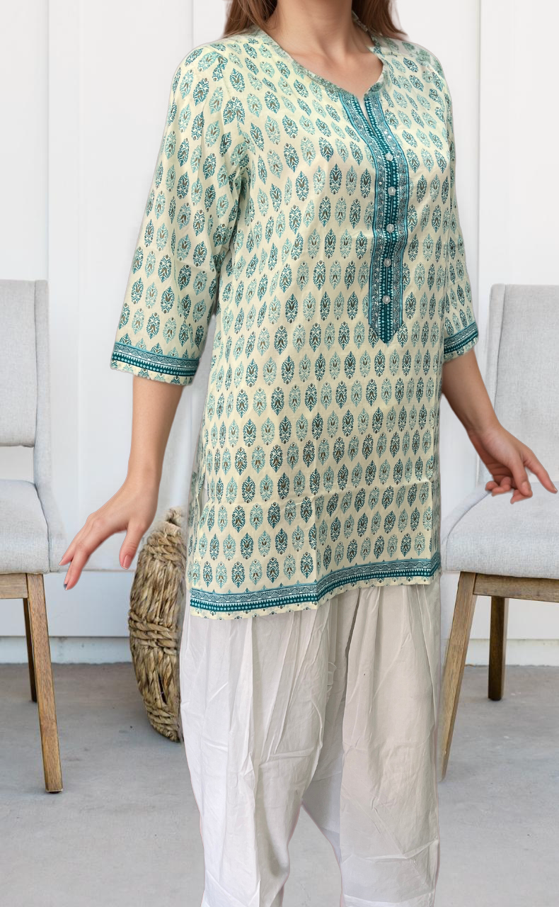 White/Sea Green Motif Jaipuri Cotton Short Kurti. Pure Versatile Cotton. | Laces and Frills - Laces and Frills
